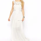 Crochet lace yoke self-tie satin belt white women long maxi dress summer