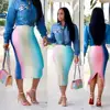 2019 trendy HB1035 women's fashion rainbow printed midi skirt