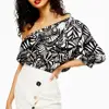 Women Elegant Blouse Printing Chiffon Sexy Young Girls Casual Ruffle One Shoulder Crop Top Office Tops For Female Simple Clothes