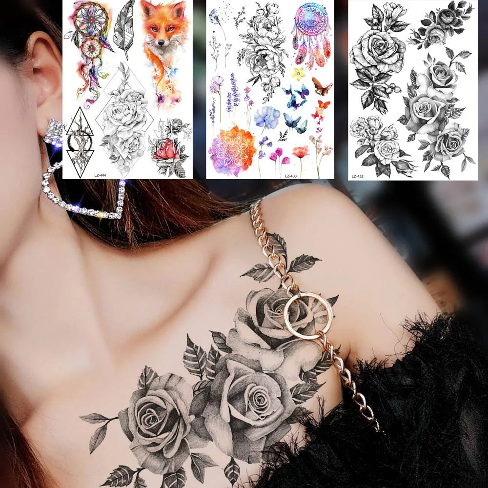 Kustom Bunga Mawar Sementara Tato untuk Pria dan Wanita Hitam Henna Tahan Air Stiker Tato Geometris Seksi Fox Gadis Dreamcatcher