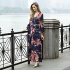 long sleeves V neck floral printed chiffon fashion dress long