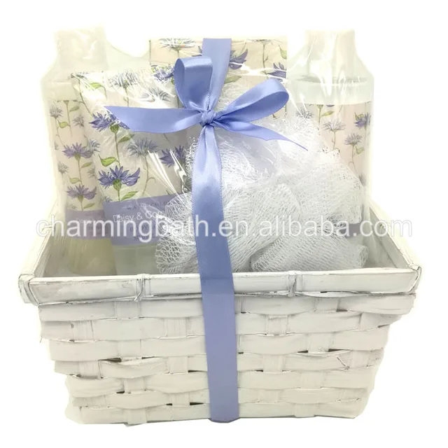 organic bath and body works spa gift set in white bamboo basket