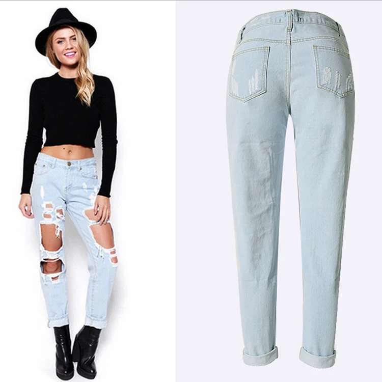 Stretch Washed Hole Straight Tube Street Style Pants for Lady Women Denim Jeans