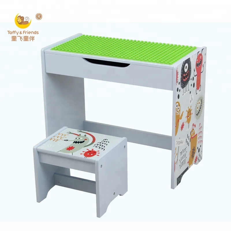 Kids Wooden Lego Play Table Stool Double Sided With Storage Space