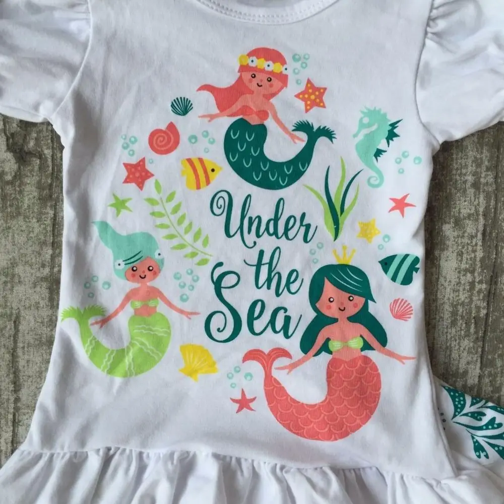 new Summer baby girls clothes mint coral mermaid under the sea boutique short kids cotton kids wear ruffles match accessories