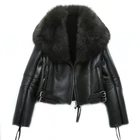 Women Real Lamb Fur Leather Jacket Double Face Fox Fur Collar Short Coat