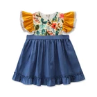 Girls Flutter Sleeve Floral Denim Dresses Kids Ruffle Clothes,Baby Girl Summer Dress