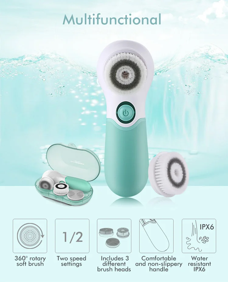 TOUCHBeauty Waterproof PBT/Silicone Facial Cleansing Brush Set with 3 brush heads TB-14838