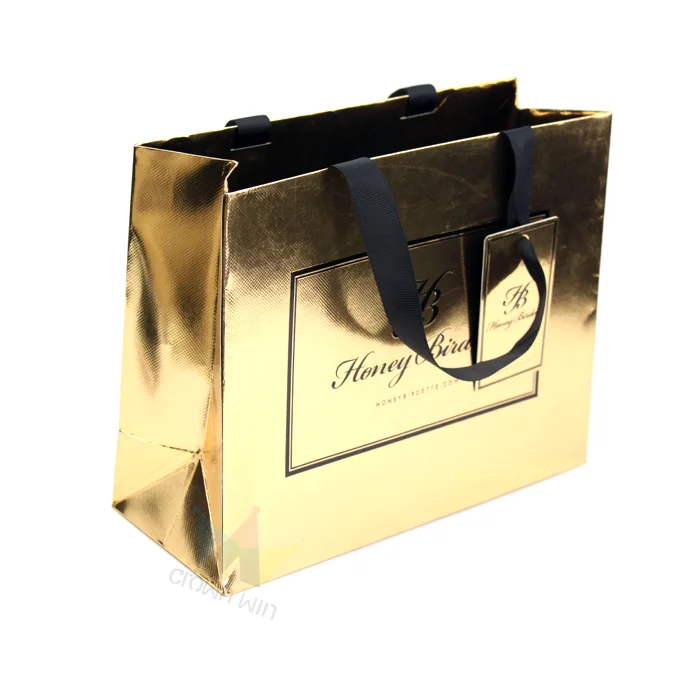 luxury gold paper bag with customized logo printing for jewelry