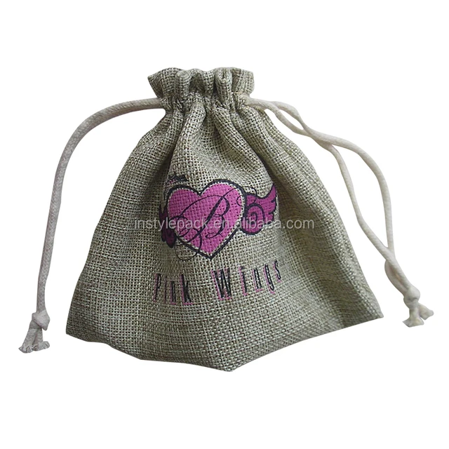 cute flying-heart-logo imitation linen drawstring bag for anti
