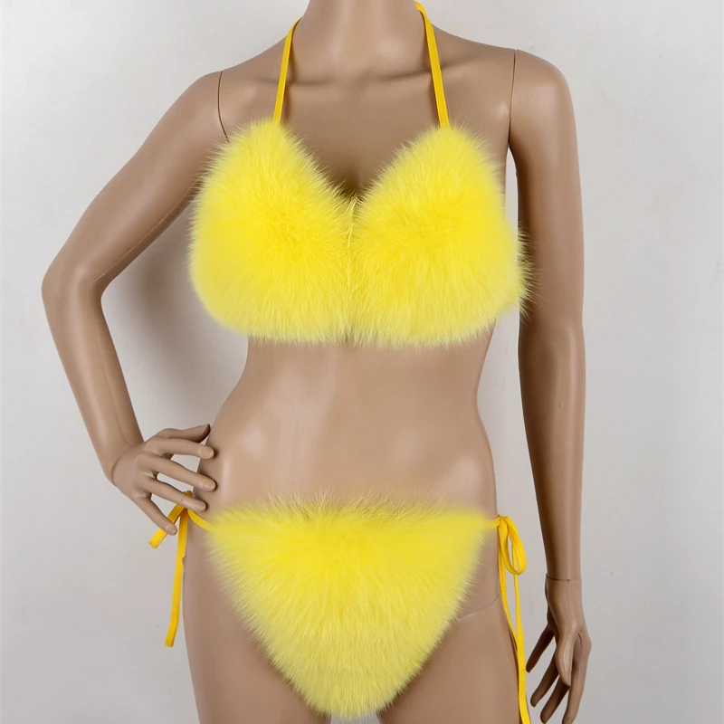 2019 Wholesale Custom Fluffy Fur Bra Hipster Bikini Women Fox Fur Bra