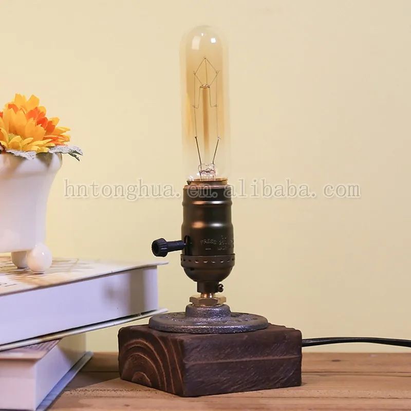 Loft Vintage E27 Holder Edison Bulb Table Lamp, Wood Base Light, Dimmer Switch Control Desk