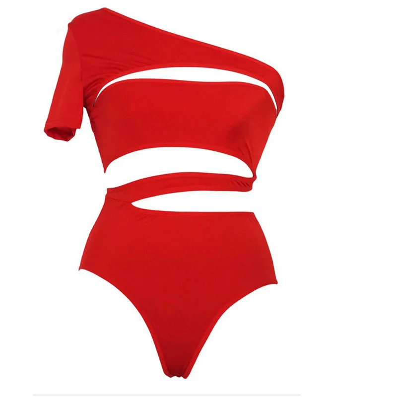 red one shoulder bathing suit