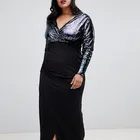 dress big size fat women evening dress Plus sequin plunge front maxi dress with wrap skirt in blue glitter contrast
