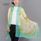 Howmay silk scarf chiffon 100% pure silk shawl green gradient pattern digital print for women