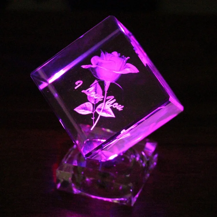 hot sale rotating led base crystal glass cube for christmas gift