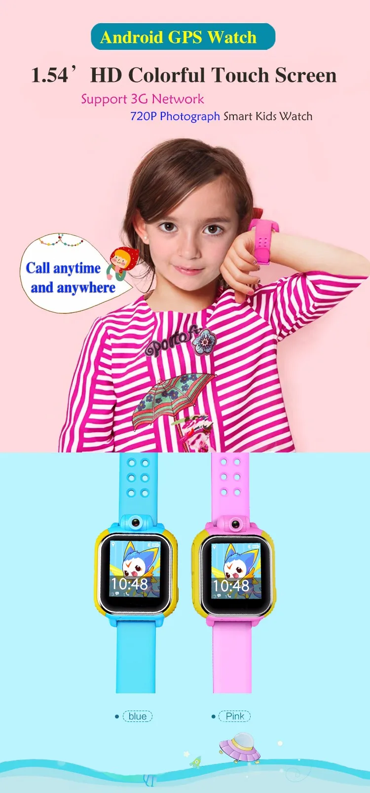 2016 fashion color touch screen kids 3g gps tracker watch with pedometer and camera
