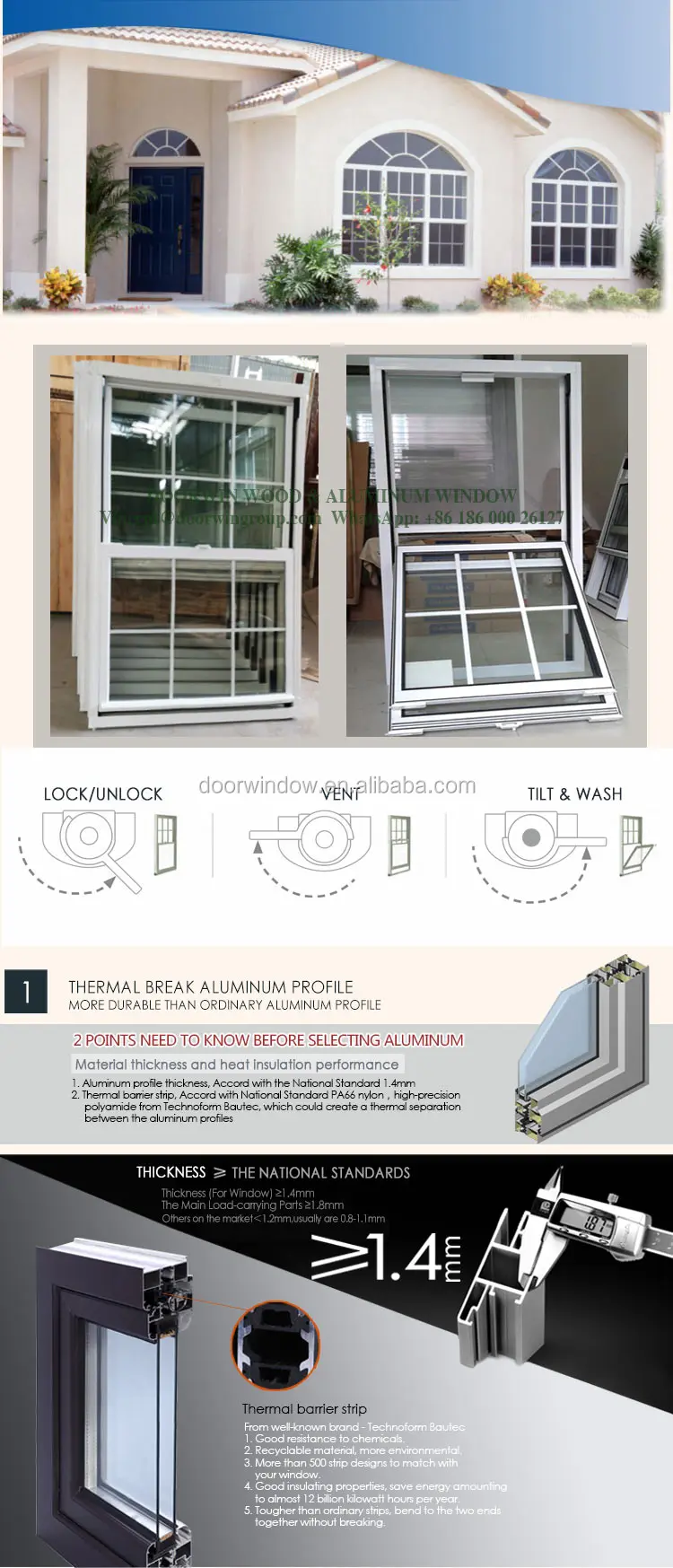 2016 latest design American Single Hung Thermal Break Aluminum vertical Sliding Window with inside grill