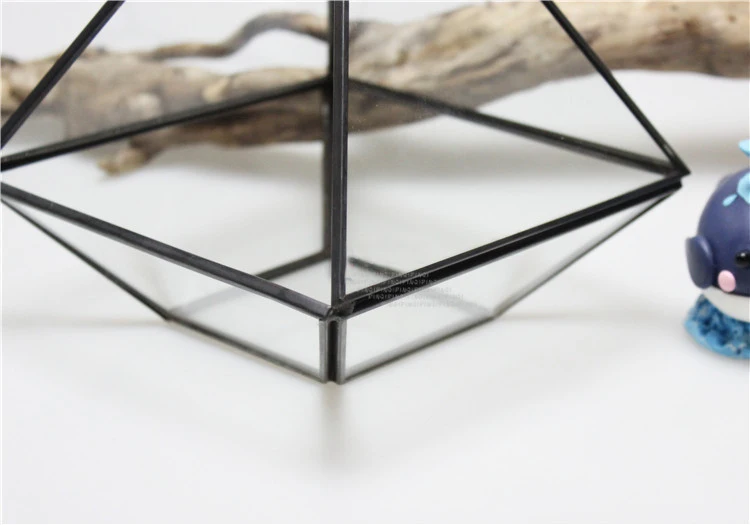 Fat diamond shaped glass greenhouse four drill copper wash black succulent flower vase