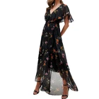 Summer Fashion Floral Printing Dress Lotus Leaf Edge Dresses Butterfly Short Sleeve Chiffon Maxi Dresses