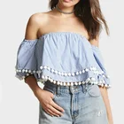 2017 fashion clothing vertical striped pom pom trims women off shoulder tops