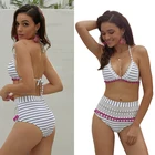 Sexy Hot Blue Pom Pom Mesh Insert High Waist swimwear bikini beachwear mesh swimwear cover up