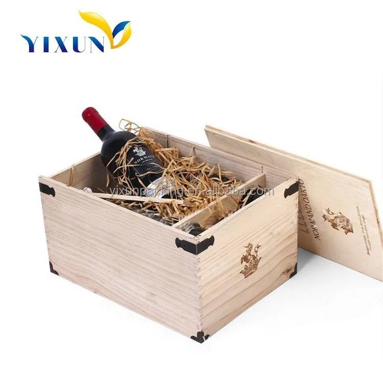 wooden pine wine box for 6 bottles, with sliding lid