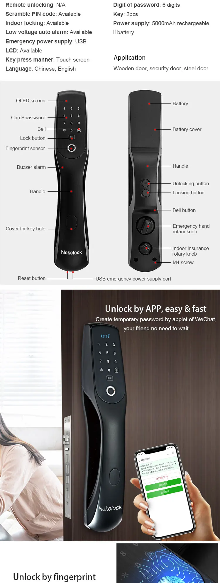 Trade assurance NB-IOT remote phone APP home appliance fingerprint smart door lock with password and card - ANKUX.COM