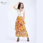 Fashion Custom Printed Floral Boho Pleated Ruffle Loose Long Chiffon Skirt