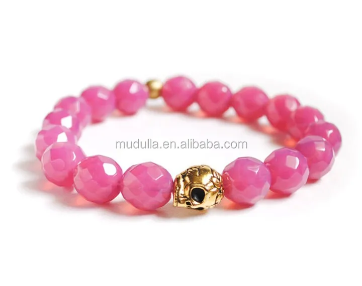 yh-skb21 pink crystal bead bracelet with gold plated skull charm