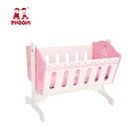 Nursery pink white kids role play toys wooden baby doll cradle with bedding