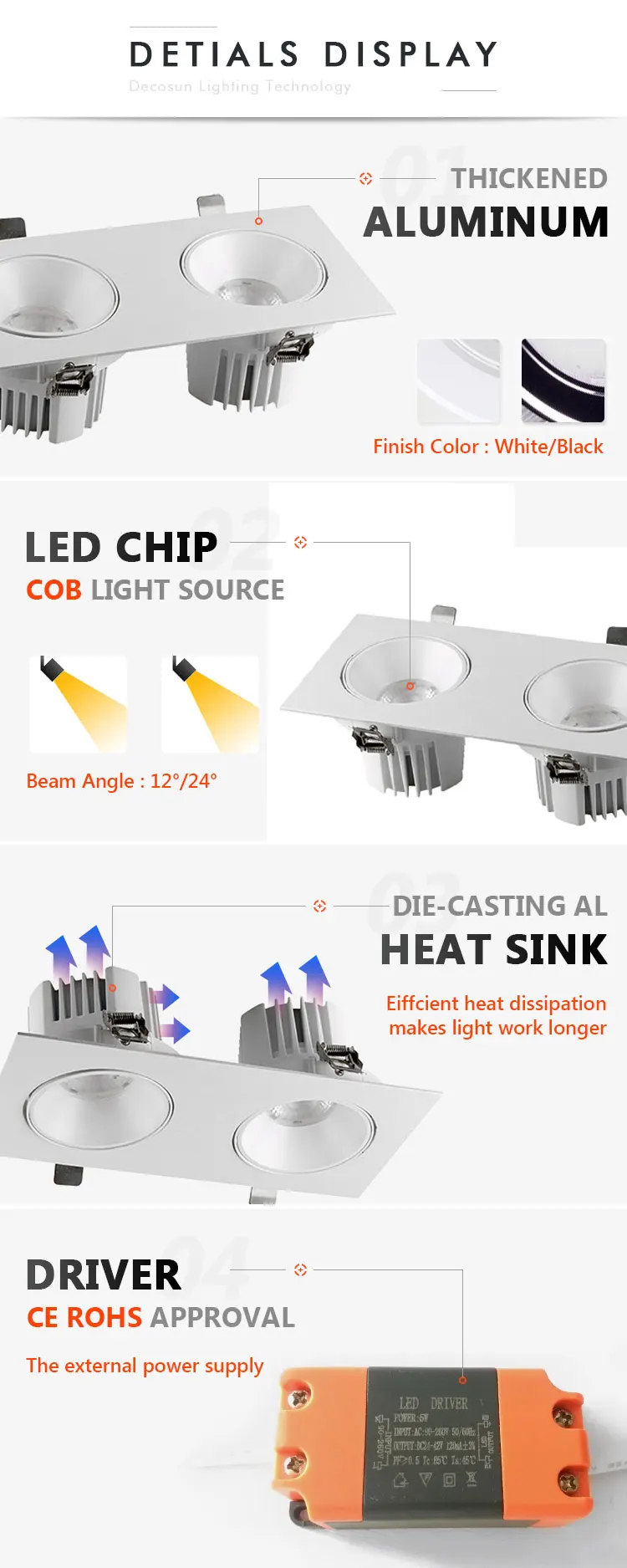 Led recessed down lighting AC200-240V square 2*20 led cob downlight