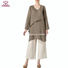 2016 latest blouse designs long sleeve linen fabric linen layering v-neck blouse for women plus size