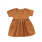 Adorable Girls Brown Linen Summer Dress Wholesale 100% Cotton Kids Clothing with Pocket