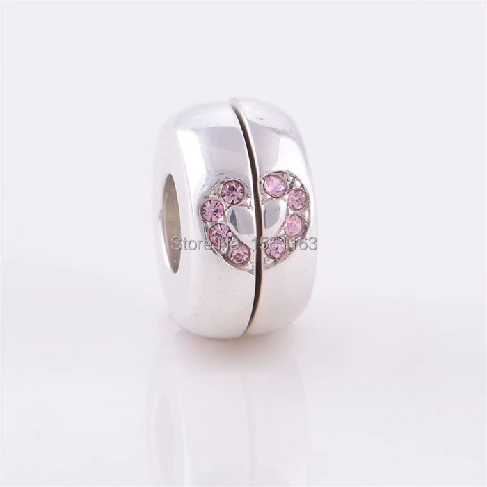 Free Shipping Guaranteed 100% 925 Sterling Silver Pink Clear CZ Paved Love Heart 925 Silver Round Charms Fit Pandora Bracelets