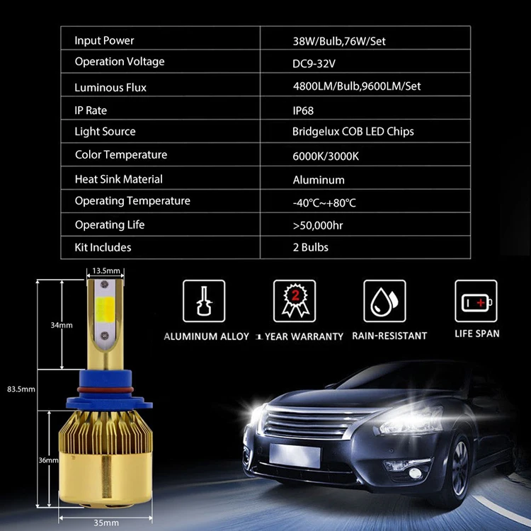 dual color led headlight 76w 9600lm