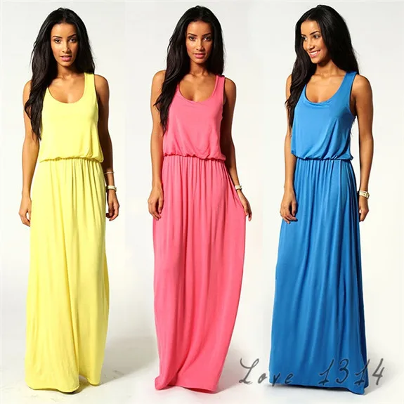 Tank Dress Women Casual Vintage Mid-Calf Chiffon Dresses Sleeveless lady Dress Summer Beach Maxi Dresses Blue Yellow SV005761