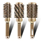 Professional salon high temperature resistance gold color rubber handle natural boar bristle ceramic round hair brush