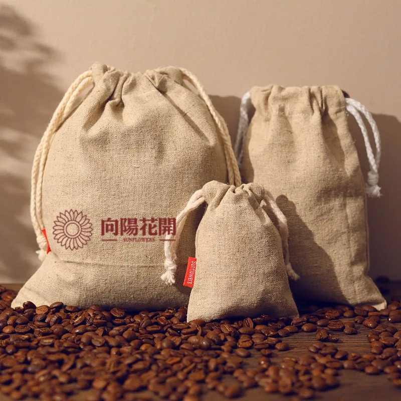 small printed hessian drawstring bag for gift