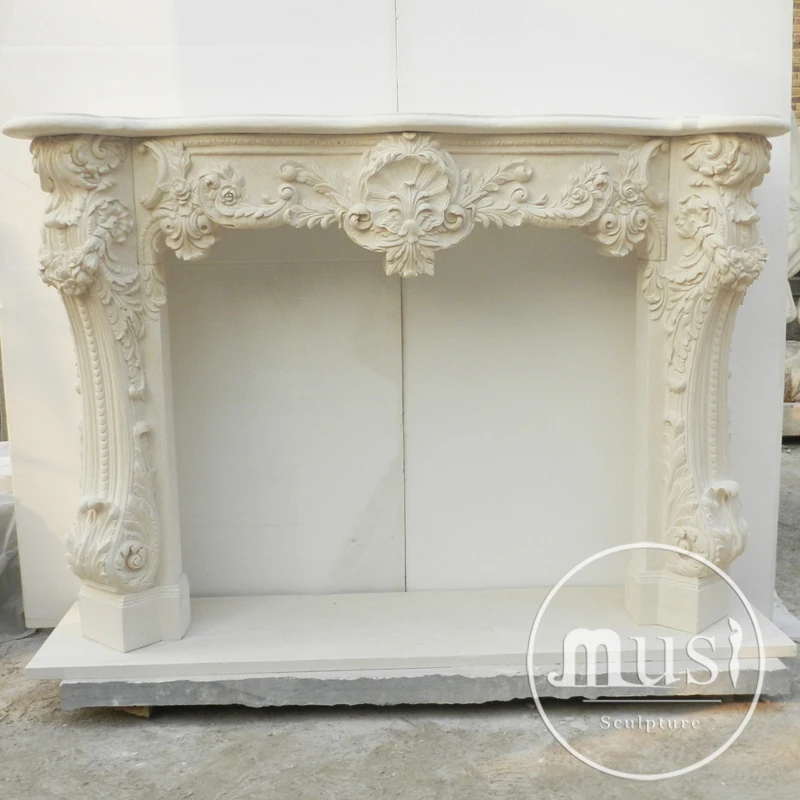 Home Decoration Italian Style Gas Log Hand Carved Beige Fireplace