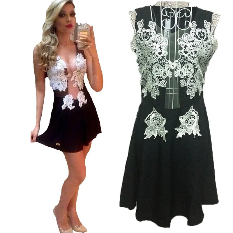 Spring 2015 Women Lace Dress Mesh Patchwork Girl Lace Party Club Dresses White Flower Bodycon Dress Feniminos Vestidos 2591