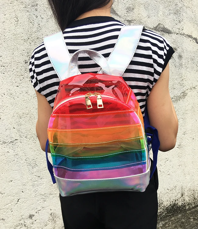 Fashion Color Striped Laser Plastic  Security Transparent Backpack