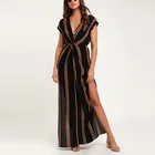 Fashion Clothing Manufacturer Black And Brown Striped Swim Cover-up Fancy Maxi Women Dress
