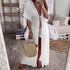 2019 Summer Women Lace Up Casual Design Cardigan Beach Bikini Cover Up Tops See Through Maxi White Beach Dress