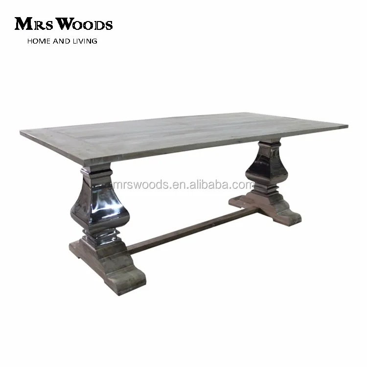 reclaimed rustic wood top chrome base farmhouse trestle dining