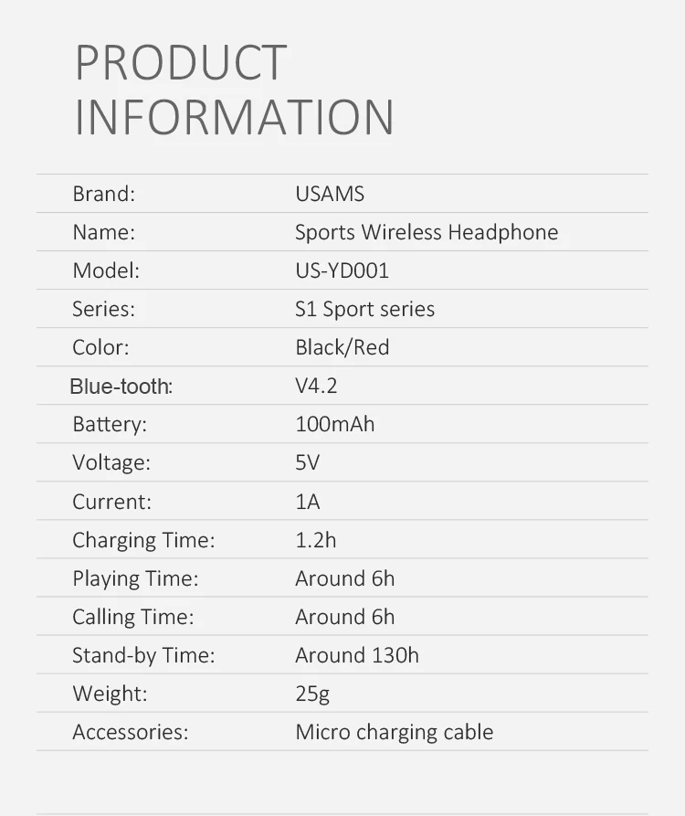 USAMS US-YD001 V4.2 Portable Handfree For Mobile Earbuds Wireless Sports Headphone - ANKUX.COM
