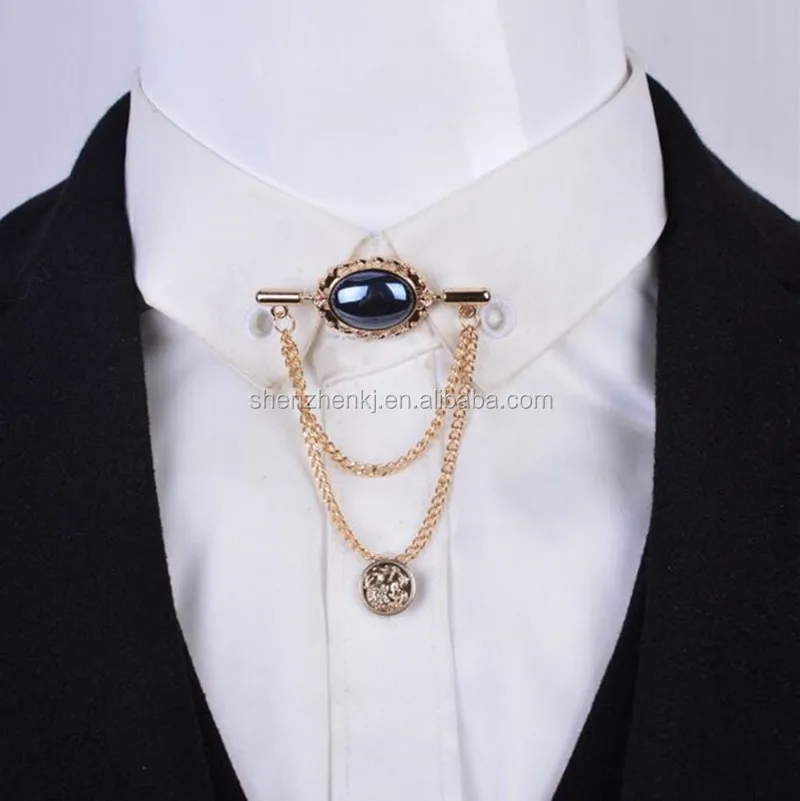 Fashion Crystal Gem Men Brooch With Tassel Chain Shirt Tassels Men Suit