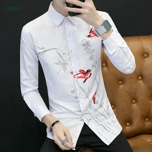 Summer fashion casual slim student printed long sleeve men dress shirts
