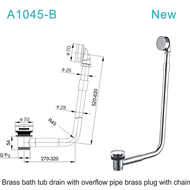 brass bath tub drain with overflow pipe brass plug with chain