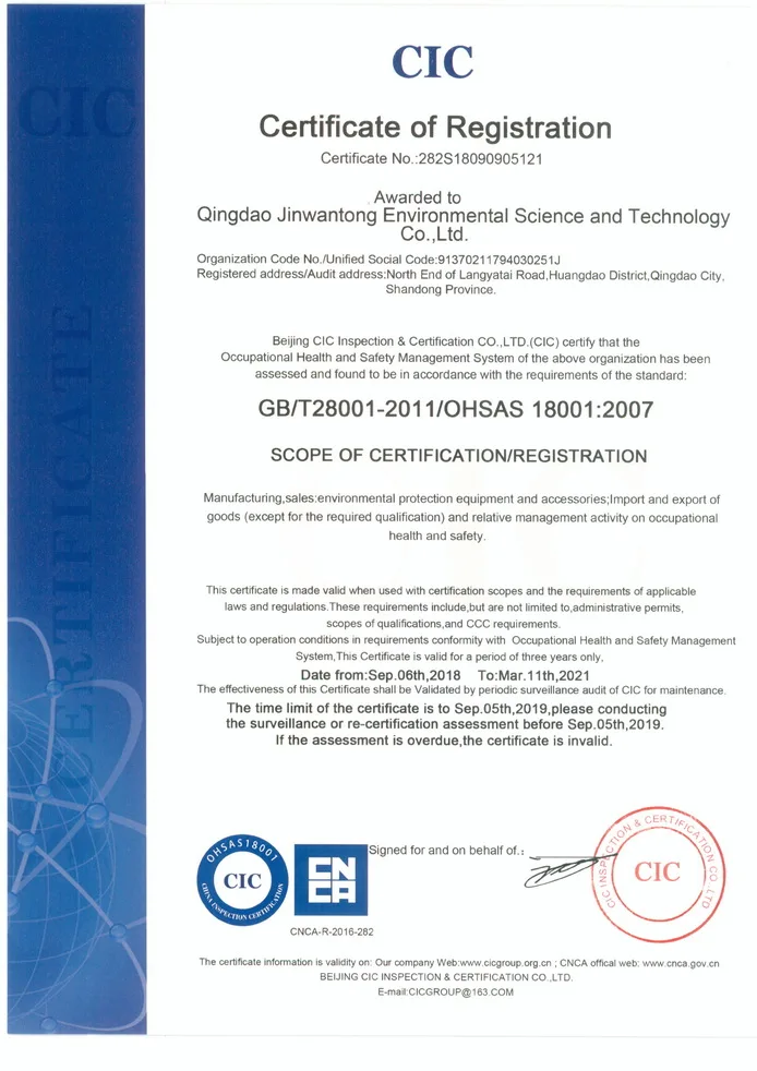OHSAS18001 certificate for manufacturer of DAF dissolved air flotation machine